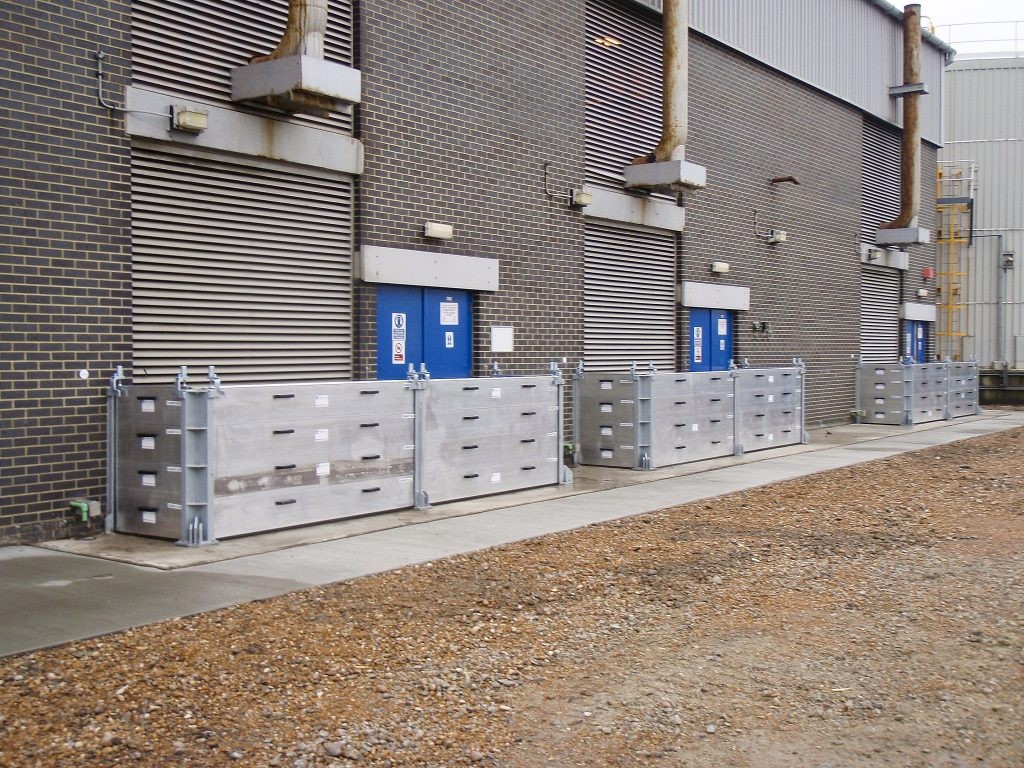 Flood barriers around doorways to a commercial property