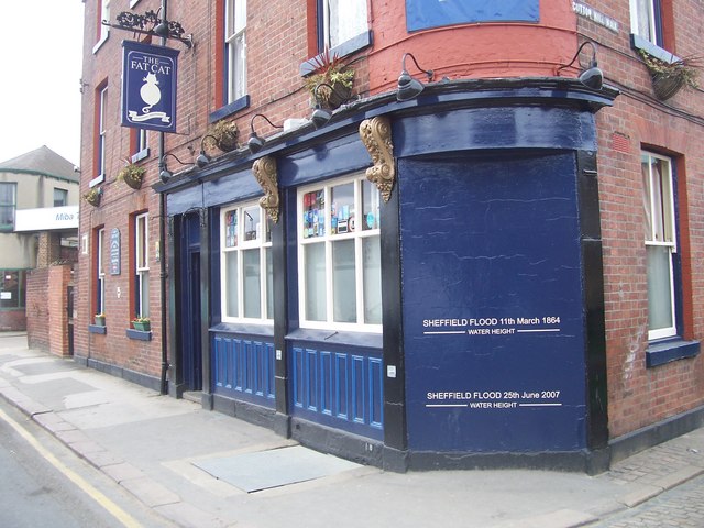 Image of a pub exterior with markers showing historic and recent flood levels
